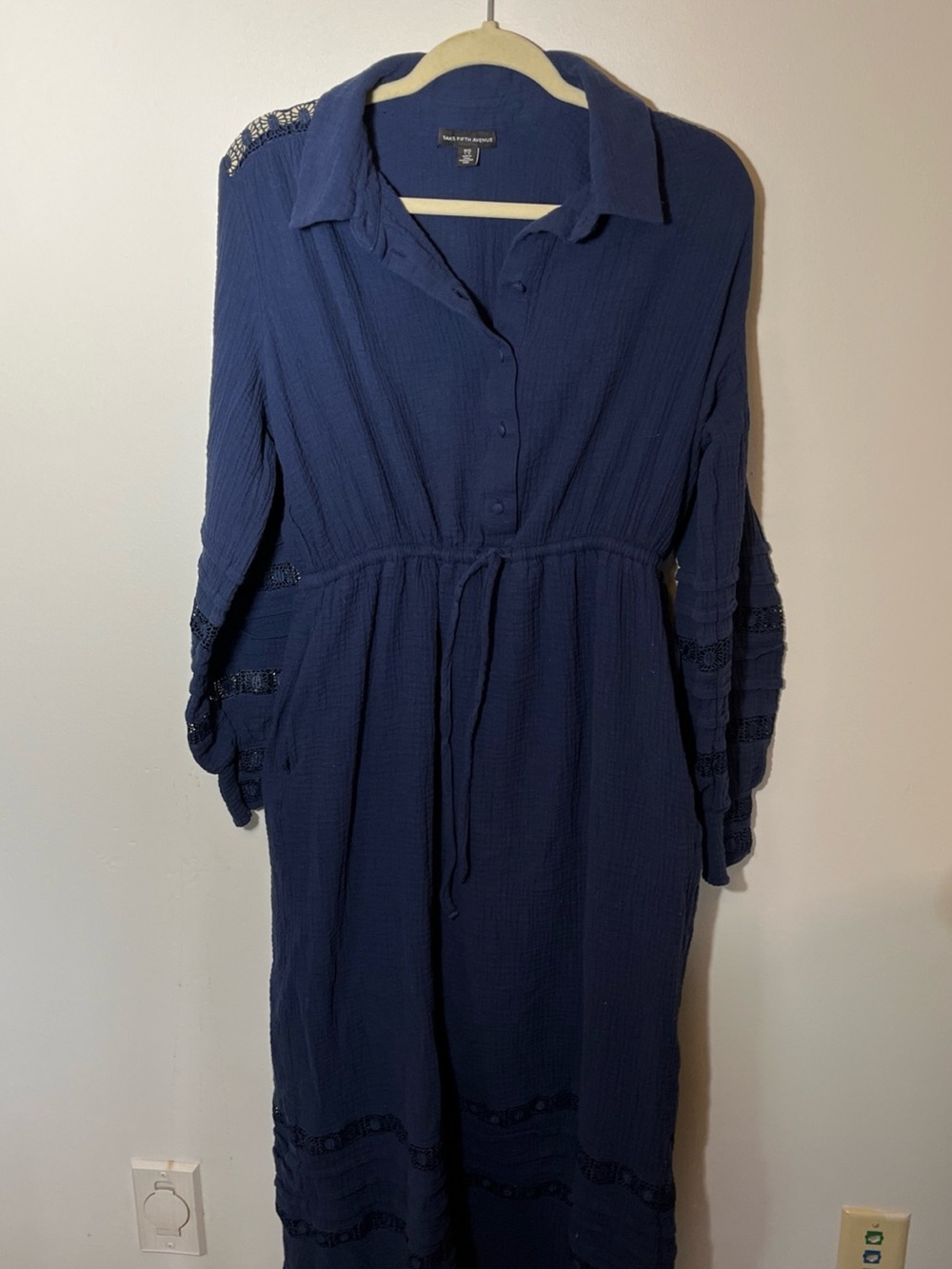 Saks Fifth Avenue Navy Long Sleeve Collared Drawstring Dress
